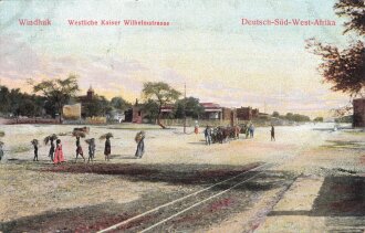 Postkarte, Deutsch Südwestafrika "Windhuk, Westliche Kaiser Wilhelmstrasse", in den Ecken Abdrücke aus Album