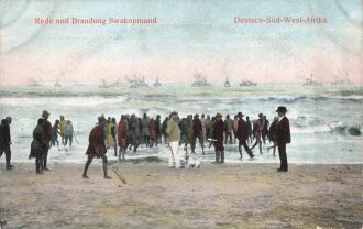 Postkarte, Deutsch Südwestafrika "Rede und Brandung Swakopmund", in den Ecken Abdrücke aus Album