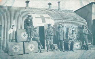 Postkarte, Deutsch Südwestafrika "Depot vom Roten Kreuz Windhuk", in den Ecken Abdrücke aus Album