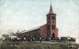 Postkarte, Deutsch Südwestafrika "Kirche der Eingeborenen in Windhuk ", in den Ecken Abdrücke aus Album