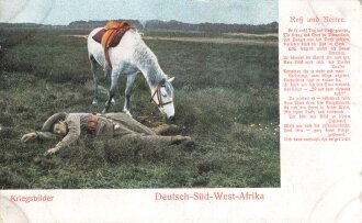 Postkarte, Deutsch Südwestafrika "Roß und Reiter", in den Ecken Abdrücke aus Album