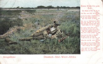 Postkarte, Deutsch Südwestafrika "Treue Liebe bis zum Tod", in den Ecken Abdrücke aus Album