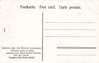 Postkarte, Deutsch Südwestafrika "Anwesen des Hereros ermordeten Farmers Joost in Etiro", in den Ecken Abdrücke aus Album