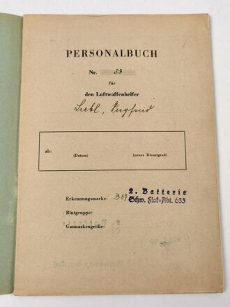 Personalbuch für Luftwaffenhelfer. Ausgestellt auf einen HJ Angehörigen aus Regensburg, Dienst bei schwere Flak Abteilung 633 ab September 1943