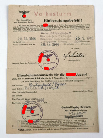 Einberufungsbefehl Volkssturm, ausgestellt in Bayreuth am 26.12.1944 für einen Angehörigen der Hitler Jugend