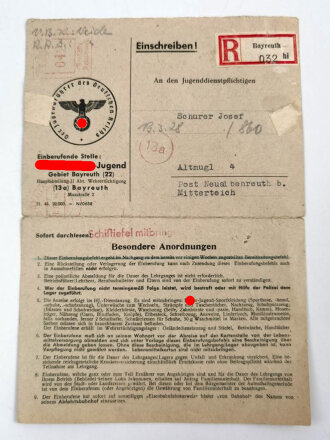 Einberufungsbefehl Volkssturm, ausgestellt in Bayreuth am 26.12.1944 für einen Angehörigen der Hitler Jugend