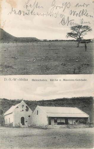 Postkarte "D. S. W.-Afrika Heirachabis. Kirche u. Missions-Gebäude"