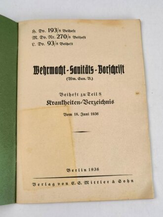 H. DV. 193/8 "Wehrmachts-Sanitäts-Vorschrift, Beiheft zu Teil 8 - Krankheiten-Verzeichnis", datiert 1936, 50 Seiten, DIN A5