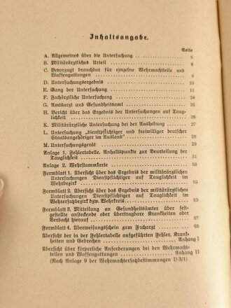 H. DV. 252/1 "Vorschrift über militärärztliche Untersuchungen der Wehrmacht, Teil 1 - Untersuchungen Dienstpflichtiger und freiwilliger auf Tuaglichkeit", datiert 1937, 69 Seiten, DIN A5