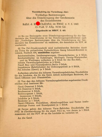 P.D.V. 29 "Vorläufige Bestimmungen über die Unterbringung der Gendarmerie des Einzeldienstes", datiert 1943, 60 Seiten, DIN A5