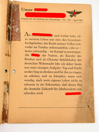 Schulungsdienst der Hitler-Jugend "Unser Führer Adolf Hitler" April-Mai 1941, 24 Seiten, über DIN A5, gelocht