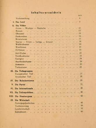 "Die Sowjet-Union, Gegebenheiten und Möglichkeiten des Ostraumes" datiert 1943, 64 Seiten, DIN A5, gebraucht