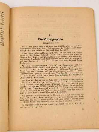 "Die Sowjet-Union, Gegebenheiten und Möglichkeiten des Ostraumes" datiert 1943, 64 Seiten, DIN A5, gebraucht