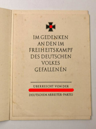 "Gebt euren Toten Heimrecht!" Worte einer deutschen Mutter. DIN A6  gebraucht, innliegend Beiblatt "Im Gedenken an den im Freiheitskampf des Deutschen Volkes gefallenen