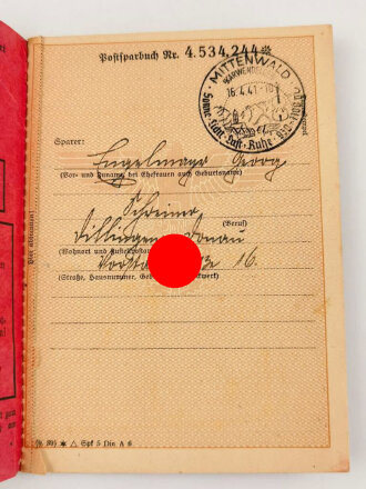 Deutsche Reichspost "Postsparbuch" mit Ausweiskarte, datiert 1941