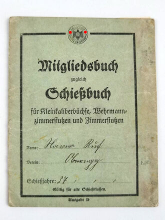 Deutscher Schützen Verband, Mitgliedsbuch zugleich Schießbuch für Kleinkaliberbüchse, Wehrmannzimmerstutzen und Zimmerstutzen, ab 1937