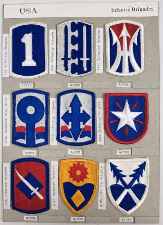 U.S. Army, Sammlung  Ärmelabzeichen Infantry Brigades, auf Karton getackert und teils geklebt