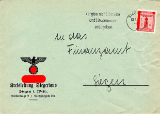 NSDAP Kreisleitung Siegerland, leerer Briefumschlag , gelaufen 1941