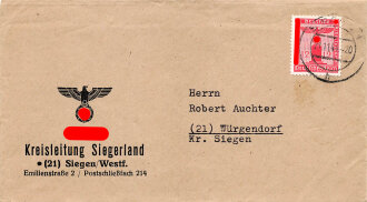 NSDAP Kreisleitung Siegerland, leerer Briefumschlag , gelaufen 1941