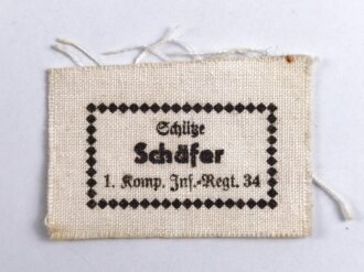 Wäscheetikett " Schütze Schäfer 1. Komp. Inf. Regt.34"