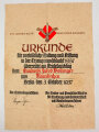 Grossformatige Urkunde " für vorbildliche Haltung und Leistung in der Erzeugungsschlacht 1937" 31 x 44cm, mehrfach geknickt, Eigenhändige Unterschrift des Landesbauernführer Saar