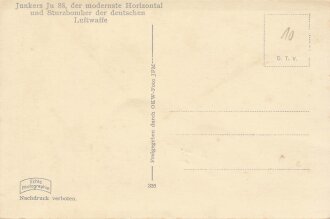 Ansichtskarte "Junkers Ju 88, der modernste Horizontal und Sturzbomber der deutschen Luftwaffe"