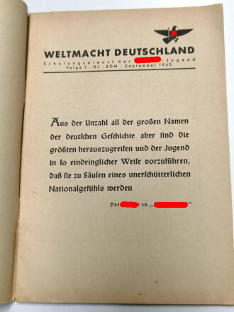 Schulungsdienst der Hitler-Jugend "Weltmacht Deutschland" Folge 1 September 1940, 48 Seiten