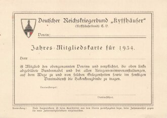 Deutscher Reichskriegerbund Kyffhäuser "Jahres-Mitgliedskarte für 1934" blanko