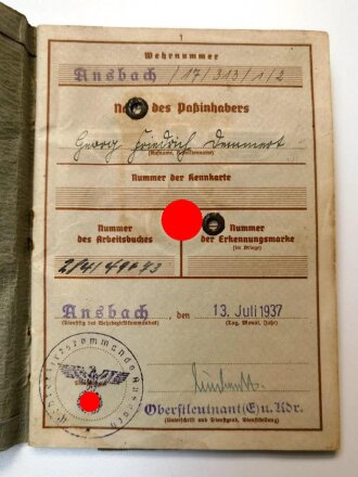 Wehrpaß Heer, eingestellt am 1.8. 1941 bei Ln....