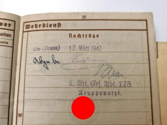 Wehrpaß Heer, eingestellt am 11.Februar 1942 bei leichte Artillerie Ersatz Abteilung 178 Ulm