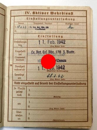 Wehrpaß Heer, eingestellt am 11.Februar 1942 bei leichte Artillerie Ersatz Abteilung 178 Ulm