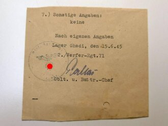 Soldbuch Heer, ausgestellt am 6.1.1945 bei 2./ Werf.Rgt.71