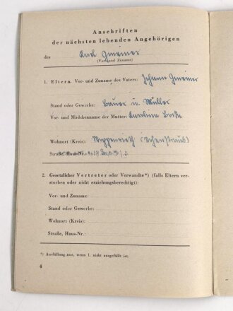 Personalbuch für Luftwaffenhelfer. Ausgestellt auf einen HJ Angehörigen aus Regensburg, Dienst bei schwere Heimatflakbatterie 206 ab 07/1943