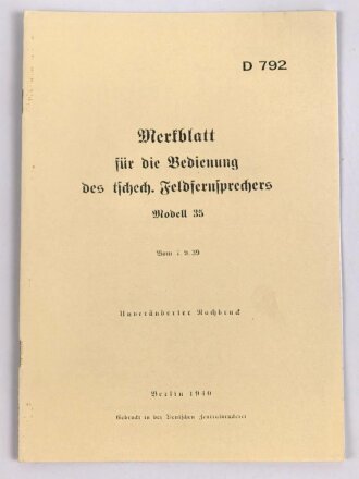 REPRODUKTION D792 "Merkblatt für die Bedienung des tschech. Feldfernsprechers Modell 35", 8 Seiten, DIN A5