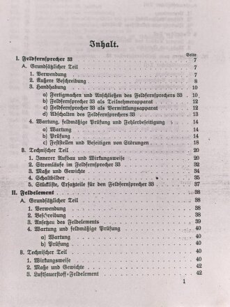 REPRODUKTION L.Dv. 702/1 "Luftnachrichtentruppe, Teil 1 Gerätebeschreibung - Heft 2 Der Feldfernsprecher 33 mit Feldelement, Kopffernhörer und SB-Zusatz", 52 Seiten, DIN A5