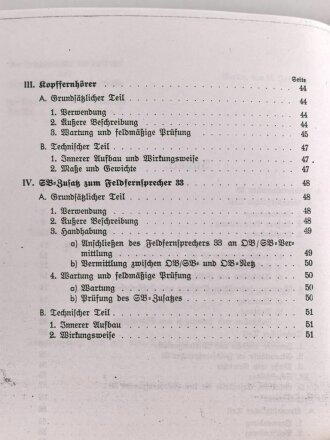 REPRODUKTION L.Dv. 702/1 "Luftnachrichtentruppe, Teil 1 Gerätebeschreibung - Heft 2 Der Feldfernsprecher 33 mit Feldelement, Kopffernhörer und SB-Zusatz", 52 Seiten, DIN A5