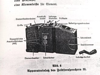 REPRODUKTION L.Dv. 702/1 "Luftnachrichtentruppe, Teil 1 Gerätebeschreibung - Heft 2 Der Feldfernsprecher 33 mit Feldelement, Kopffernhörer und SB-Zusatz", 52 Seiten, DIN A5