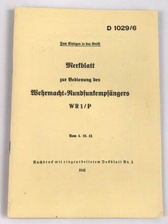 REPRODUKTION D1029/6 "Merkblatt zur Bedienung des...