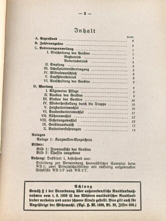 REPRODUKTION D1029/6 "Merkblatt zur Bedienung des Wehrmacht=Rundfunkempfängers WR 1/P", ca. 20 Seiten, DIN A5