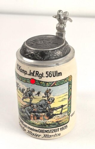 Bierkrug des Schütze Martin Maier, Angehöriger " 11. Komp. Inf. Rgt. 56 Ulm" datiert 1935, Sehr guter Zustand