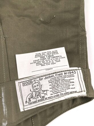 U.S. Hood, Jacket, Field M-1945, dated 1945. Size Large, unused