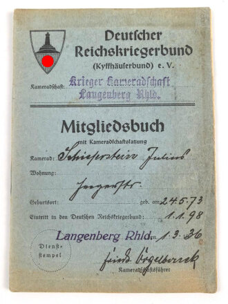 Deutscher Reichskriegerbund ( Kyffhäuserbund) e.V. "Mitgliedsbuch", datiert 1936 Langenberg