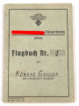 Nationalsozialistisches Fliegerkorps (NSFK) Flugbuch Nr. 1 , datiert 1943, 30 eingetragene Flüge, das hakenkreuz auf dem Einband übermalt