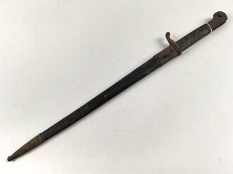 1.Weltkrieg/Griechenland, Ersatzseitengewehr 98/03, sogenanntes griechisches Messer Modell 1903/14, vorwiegend wohl in Bayern geführt, Hersteller Simson & Co  Suhl, ungereinigtes Stück, die Lederscheide trocken aber nicht geschrumpft