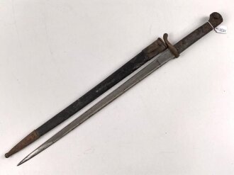 1.Weltkrieg/Griechenland, Ersatzseitengewehr 98/03, sogenanntes griechisches Messer Modell 1903/14, vorwiegend wohl in Bayern geführt, Hersteller Simson & Co  Suhl, ungereinigtes Stück, die Lederscheide trocken aber nicht geschrumpft