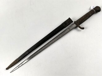 1.Weltkrieg/Griechenland, Ersatzseitengewehr 98/03, sogenanntes griechisches Messer Modell 1903/14, vorwiegend wohl in Bayern geführt, Hersteller Simson & Co  Suhl, ungereinigtes Stück, die Lederscheide trocken aber nicht geschrumpft