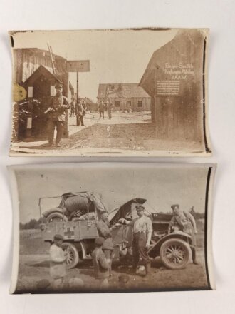 1. Weltkrieg, Foto " Etappen Sanitäts Kraftwagen Abteilung d.A.A.W" dazu ein Foto eines der Kraftwagen, Format je 5,5 x 9cm