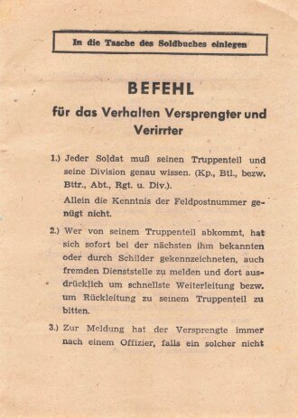 "Befehl für das Verhalten Versprengter und Verirrter" zum Einlegen in das Soldbuch.