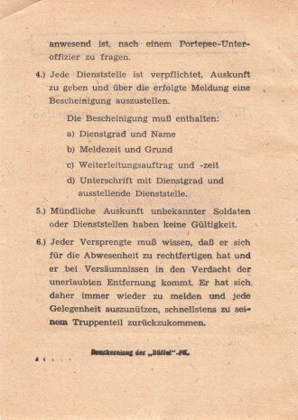 "Befehl für das Verhalten Versprengter und Verirrter" zum Einlegen in das Soldbuch.