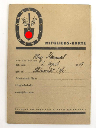 "Arbeits Dank" Mitglieds Karte von 1935